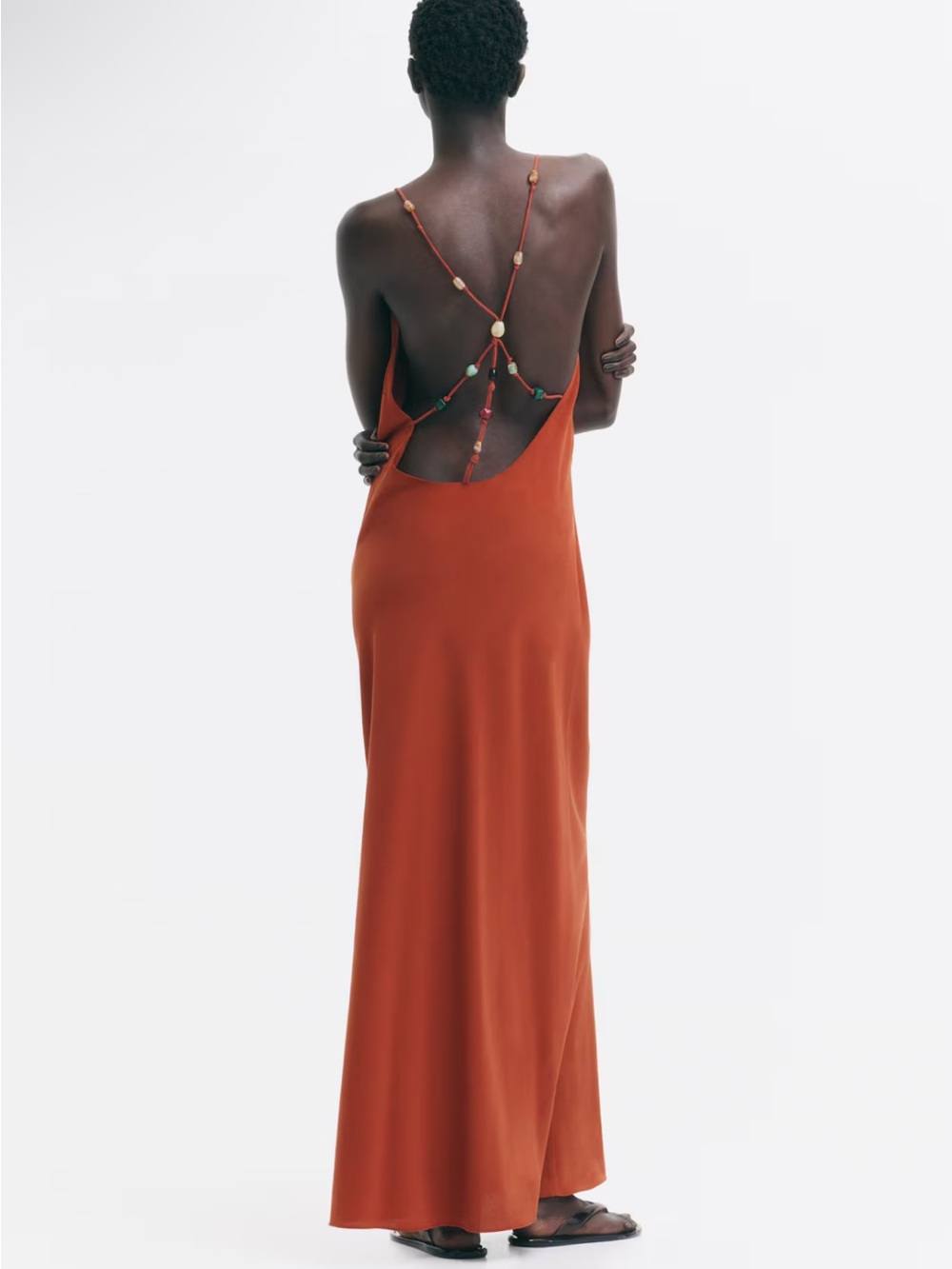 H&M EDITION NWT DARK ORANGE BEAD-DETAIL CRÊPE DRESS SIZE SMALL - Picture 3 of 9